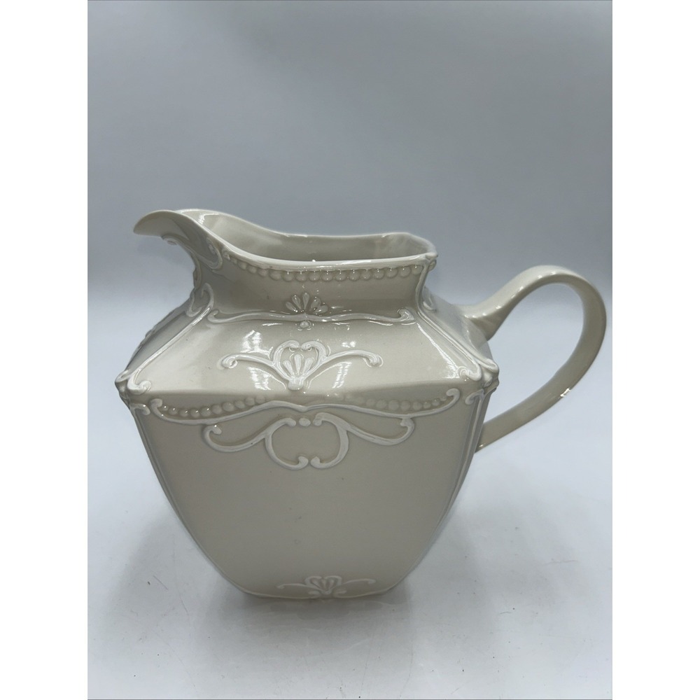 Vtg Antique White Porcelain Pitcher~French Country Beaded Scroll Square Base~EUC